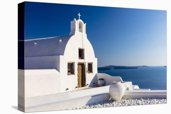 White church overlooking sea, Oia, Santorini, Cyclades-Ed Hasler-Stretched Canvas