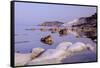 White cliffs known as Scala dei Turchi frame the calm sea at dawn, Porto Empedocle, Province of Agr-Roberto Moiola-Framed Stretched Canvas