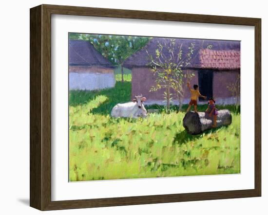 White Cow and Two Children,Mankotta Island, Kerala, India-Andrew Macara-Framed Giclee Print