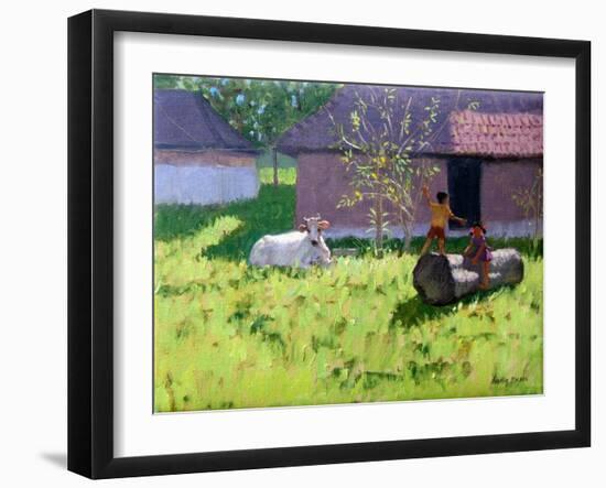 White Cow and Two Children,Mankotta Island, Kerala, India-Andrew Macara-Framed Giclee Print