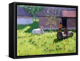 White Cow and Two Children,Mankotta Island, Kerala, India-Andrew Macara-Framed Stretched Canvas