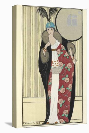 White crepe de chine dress trimmed with fox Otter coat and skunks-Georges Barbier-Stretched Canvas