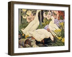 White Ducks and Hollyhocks-Jesse Arms Botke-Framed Art Print