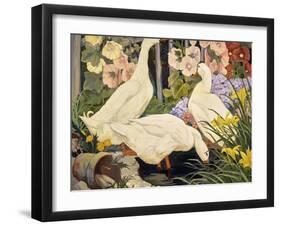 White Ducks and Hollyhocks-Jesse Arms Botke-Framed Art Print