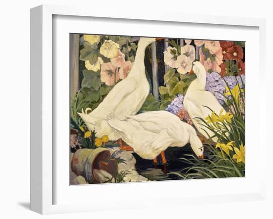 White Ducks and Hollyhocks-Jesse Arms Botke-Framed Art Print