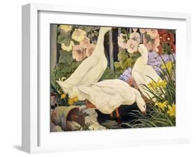 White Ducks and Hollyhocks-Jesse Arms Botke-Framed Art Print