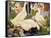 White Ducks and Hollyhocks-Jesse Arms Botke-Framed Stretched Canvas
