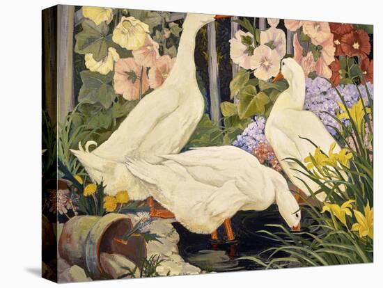 White Ducks and Hollyhocks-Jesse Arms Botke-Stretched Canvas