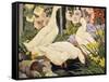 White Ducks and Hollyhocks-Jesse Arms Botke-Framed Stretched Canvas