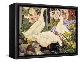 White Ducks and Hollyhocks-Jesse Arms Botke-Framed Stretched Canvas