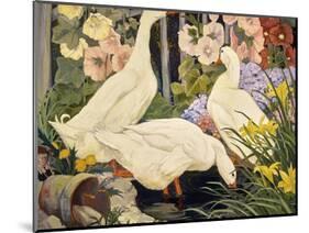 White Ducks and Hollyhocks-Jesse Arms Botke-Mounted Art Print