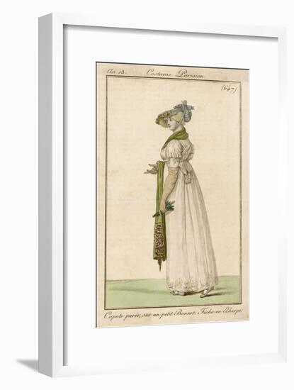 White Gown with Self- Embroidered Hem and White Scarf Worn Like Braces. Accessories-null-Framed Art Print