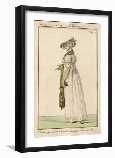 White Gown with Self- Embroidered Hem and White Scarf Worn Like Braces. Accessories-null-Framed Art Print