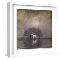 White Horse in Pond-Dawne Polis-Framed Art Print