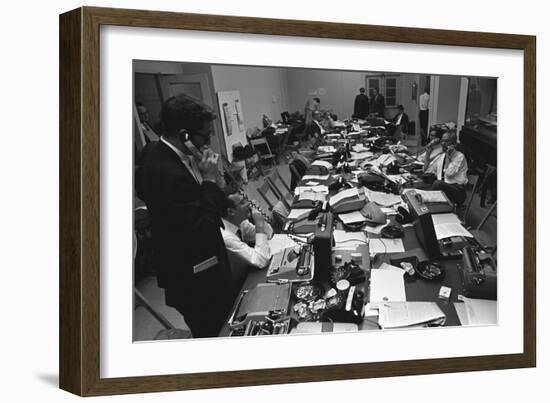 White House Press Room During President Lyndon Johnson's Gall Bladder Surgery, 1965-null-Framed Photo