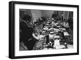 White House Press Room During President Lyndon Johnson's Gall Bladder Surgery, 1965-null-Framed Photo