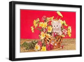 White Kitten in Basket of Daisies-null-Framed Art Print