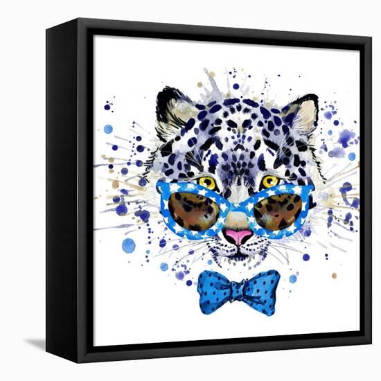 White Leopard T-Shirt Graphics. Cool Leopard Illustration with Splash Watercolor Textured Backgrou-Dabrynina Alena-Framed Stretched Canvas