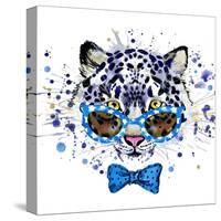 White Leopard T-Shirt Graphics. Cool Leopard Illustration with Splash Watercolor Textured Backgrou-Dabrynina Alena-Stretched Canvas