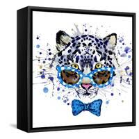 White Leopard T-Shirt Graphics. Cool Leopard Illustration with Splash Watercolor Textured Backgrou-Dabrynina Alena-Framed Stretched Canvas