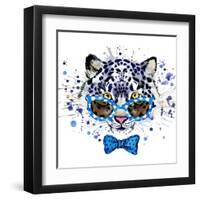 White Leopard T-Shirt Graphics. Cool Leopard Illustration with Splash Watercolor Textured Backgrou-Dabrynina Alena-Framed Art Print