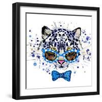 White Leopard T-Shirt Graphics. Cool Leopard Illustration with Splash Watercolor Textured Backgrou-Dabrynina Alena-Framed Art Print