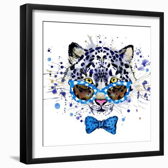 White Leopard T-Shirt Graphics. Cool Leopard Illustration with Splash Watercolor Textured Backgrou-Dabrynina Alena-Framed Art Print