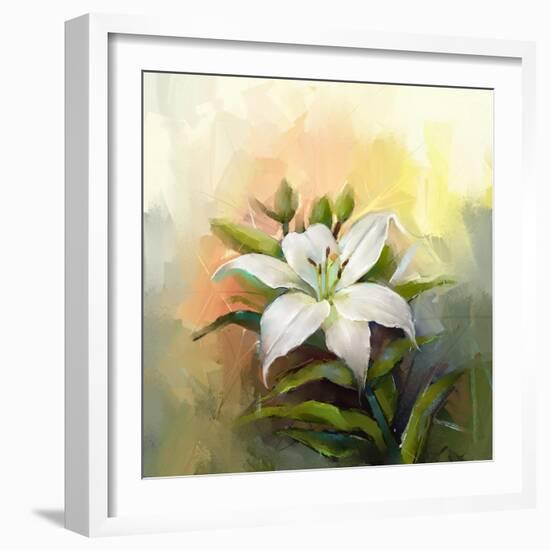 White Lily Flower.Flower Oil Painting-Nongkran_ch-Framed Photographic Print