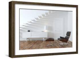 White Minimalistic Room With Black Lounge Chair-VizArch-Framed Art Print