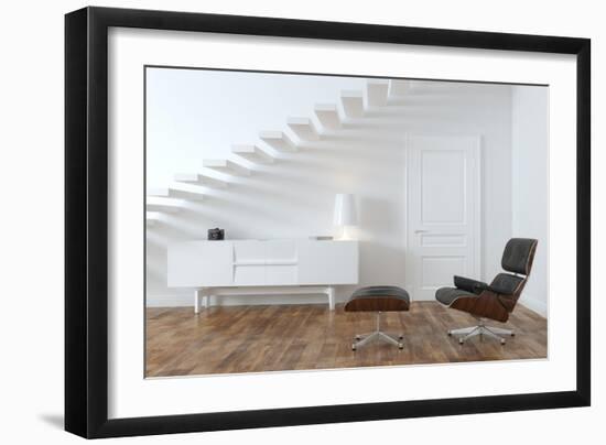 White Minimalistic Room With Black Lounge Chair-VizArch-Framed Art Print