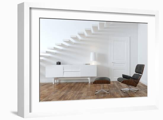 White Minimalistic Room With Black Lounge Chair-VizArch-Framed Art Print