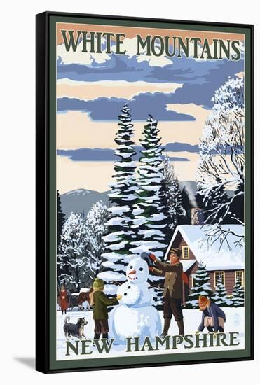 White Mountains, New Hampshire - Snowman and Cabin-Lantern Press-Framed Stretched Canvas
