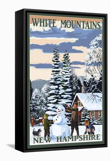 White Mountains, New Hampshire - Snowman and Cabin-Lantern Press-Framed Stretched Canvas