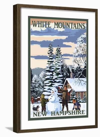 White Mountains, New Hampshire - Snowman and Cabin-Lantern Press-Framed Art Print