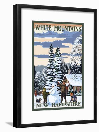 White Mountains, New Hampshire - Snowman and Cabin-Lantern Press-Framed Art Print