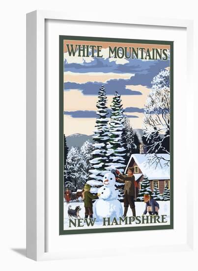 White Mountains, New Hampshire - Snowman and Cabin-Lantern Press-Framed Art Print