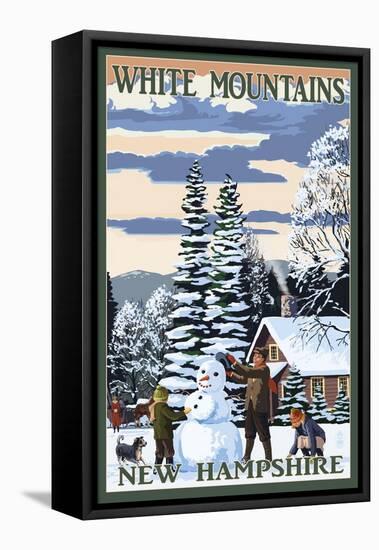 White Mountains, New Hampshire - Snowman and Cabin-Lantern Press-Framed Stretched Canvas