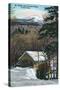 White Mountains, NH - Covered Bridge at Flume in Winter, Mt Liberty in Distance-Lantern Press-Stretched Canvas