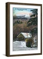 White Mountains, NH - Covered Bridge at Flume in Winter, Mt Liberty in Distance-Lantern Press-Framed Art Print
