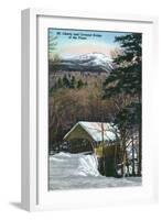 White Mountains, NH - Covered Bridge at Flume in Winter, Mt Liberty in Distance-Lantern Press-Framed Art Print