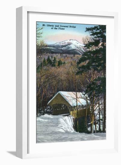 White Mountains, NH - Covered Bridge at Flume in Winter, Mt Liberty in Distance-Lantern Press-Framed Art Print