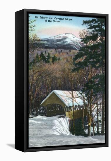 White Mountains, NH - Covered Bridge at Flume in Winter, Mt Liberty in Distance-Lantern Press-Framed Stretched Canvas