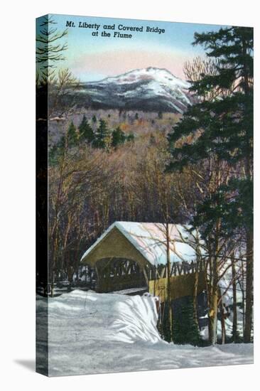 White Mountains, NH - Covered Bridge at Flume in Winter, Mt Liberty in Distance-Lantern Press-Stretched Canvas