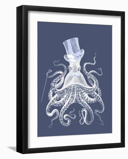 White Octopus on Indigo Blue b-Fab Funky-Framed Art Print