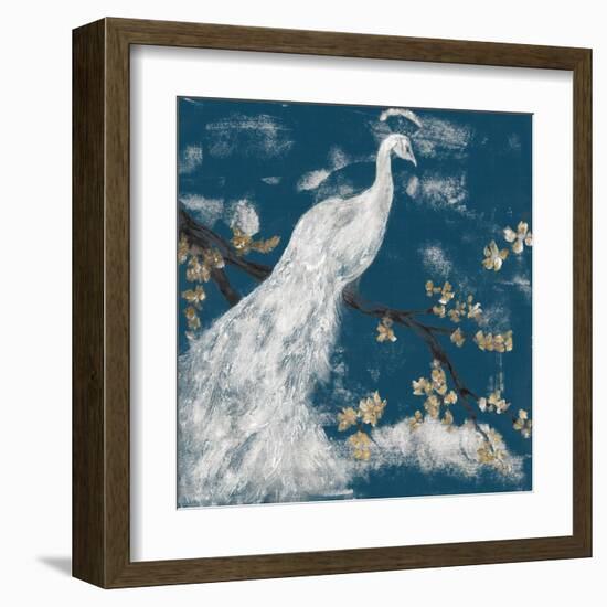 White Peacock on Indigo I-Jennifer Goldberger-Framed Art Print