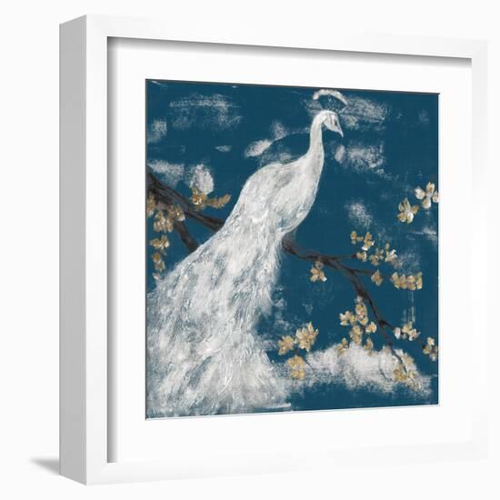 White Peacock on Indigo I-Jennifer Goldberger-Framed Art Print