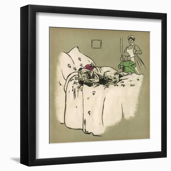 White Puppy Sleeps on a Bed-Cecil Aldin-Framed Art Print