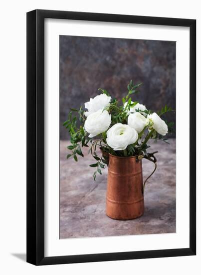 White Ranunculus Flowers Brown Background-Anna Pustynnikova-Framed Photographic Print