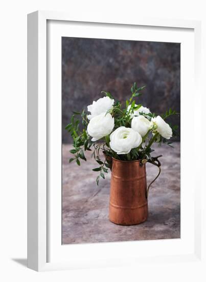 White Ranunculus Flowers Brown Background-Anna Pustynnikova-Framed Photographic Print