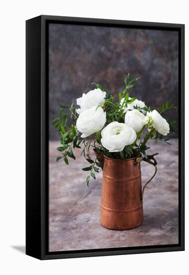 White Ranunculus Flowers Brown Background-Anna Pustynnikova-Framed Stretched Canvas